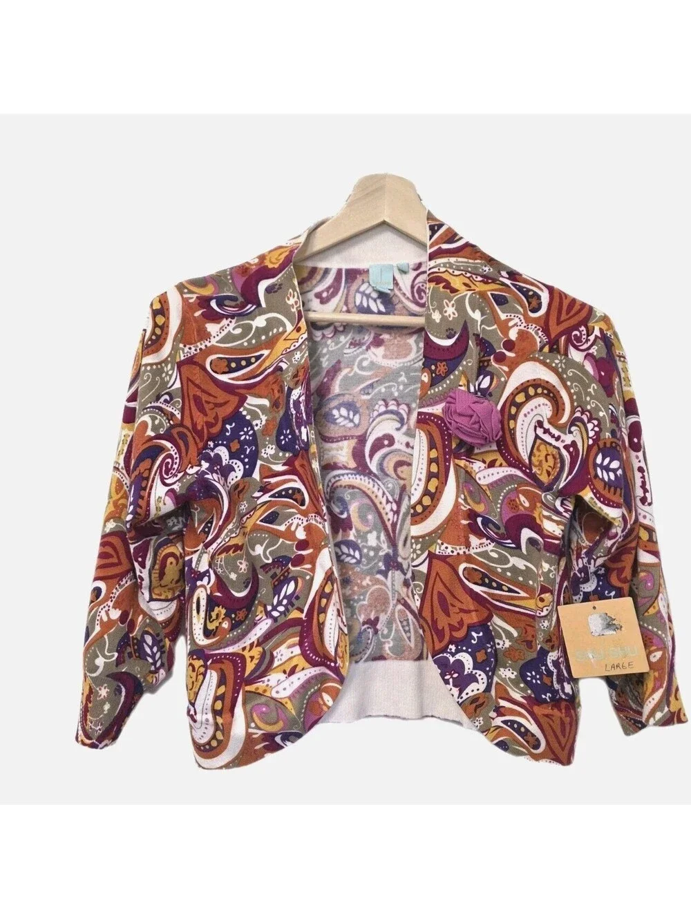 Womens Cardigan Colorful Paisley Crop Open Size Large Orange Autumn Wedding